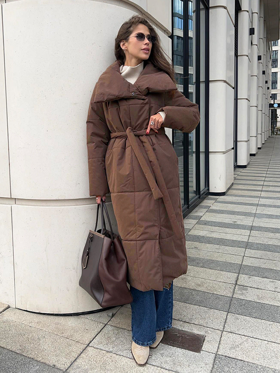 Fashion Large Lapel Long Winter Cotton Coat with Pockets and Lace-Up Design for Women