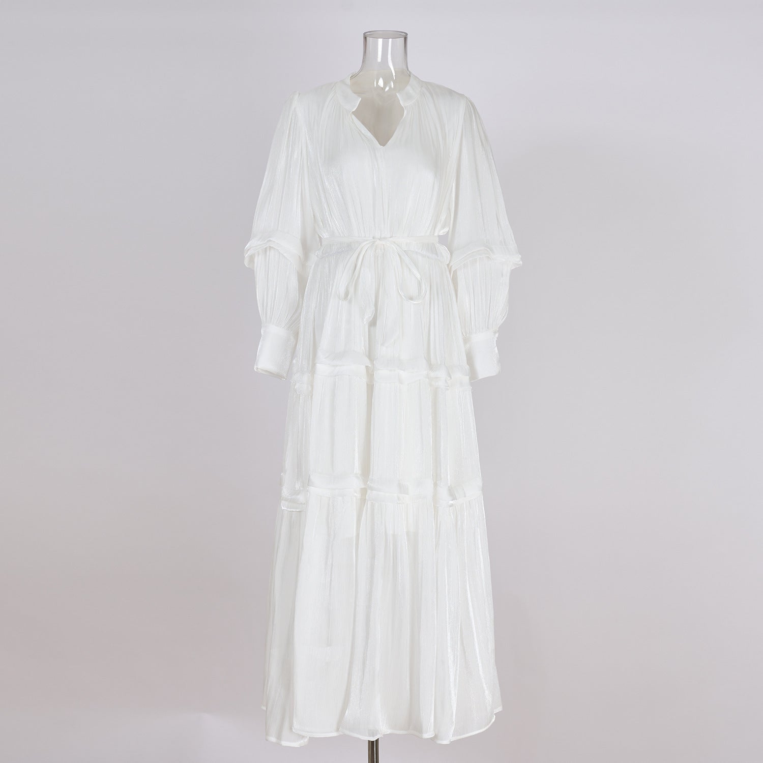 V-Neck Lantern Sleeve High Waist Pleated Long Dress