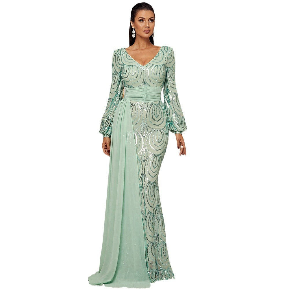 Robe de soirée élégante à col en V et sequins, manches longues, pour événements à Dubaï