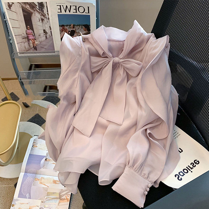 French Bow Light Purple Chiffon Shirt for Women, Loose Fit, V-Neck, Long Sleeve, Sizes S-XL