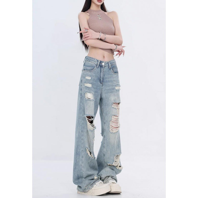 بنطلون نسائي بقصة واسعة وساق مستقيمة من القطن الأزرق بخصر عالٍ