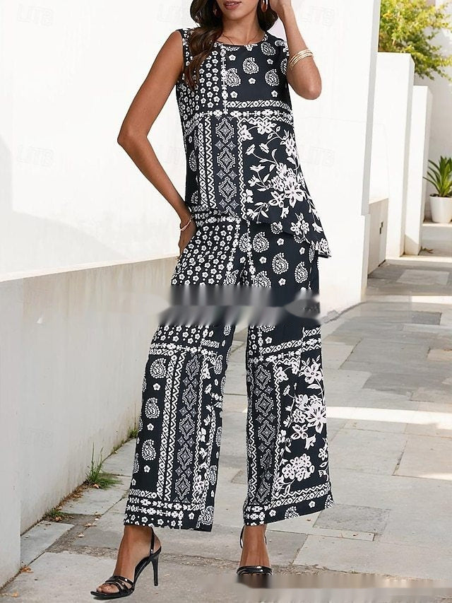 Women's Sleeveless Round Neck Top & Printed Pants Set Spring Summer