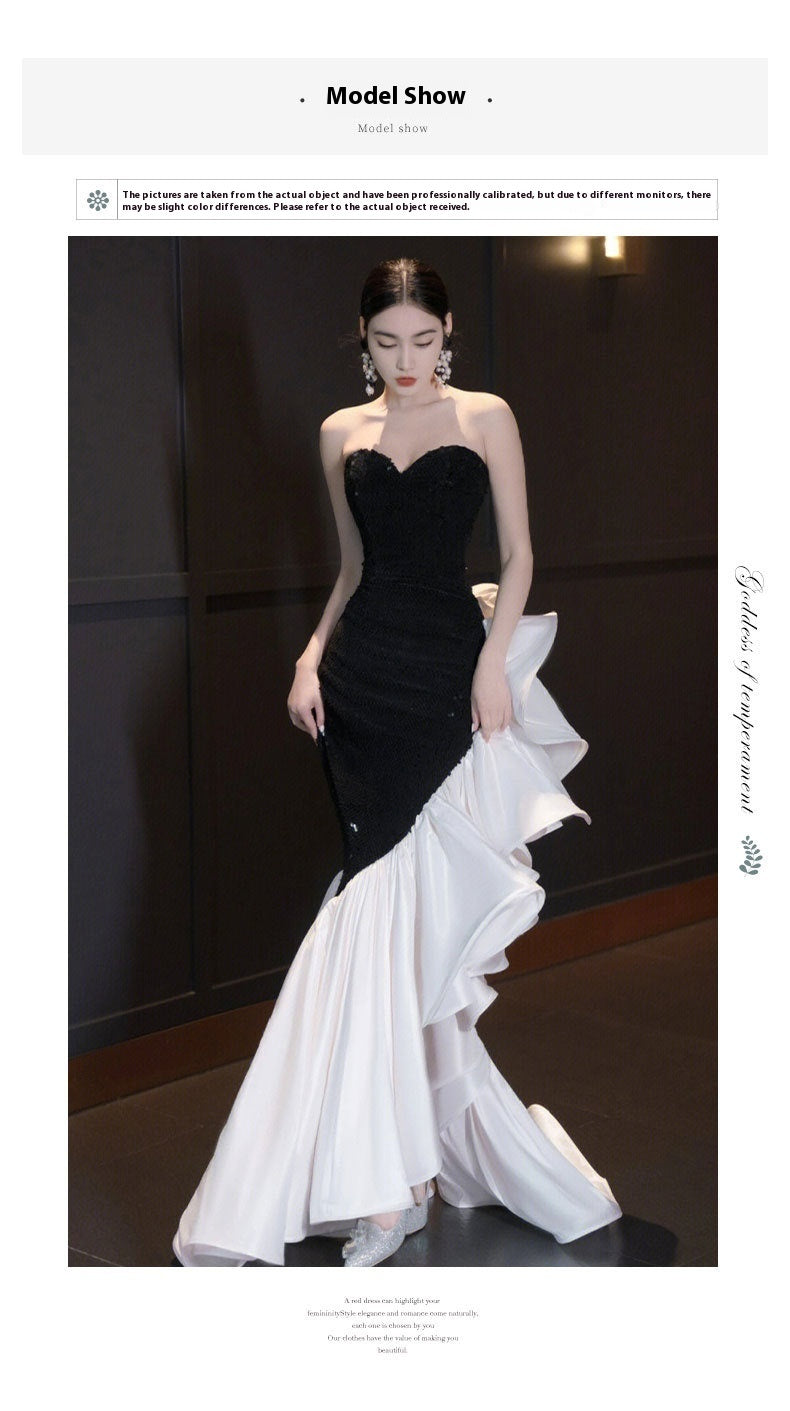 Tube Top Evening Gown with Embroidery in Black & Wine Red