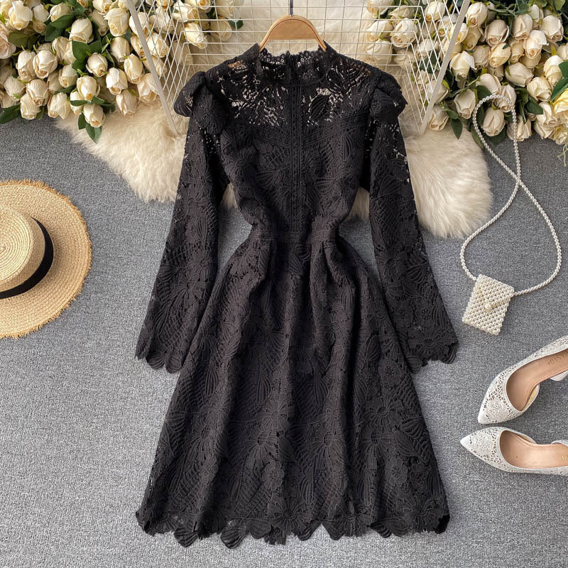 Celebrity Style Temperament Dress Scheming Hollow Lace