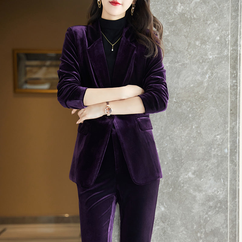 Women's High-End Gold Velvet Suit Jacket with Pants