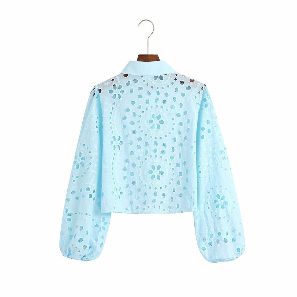 Women's Long-Sleeve Hollow Embroidered Cotton Shirt in Blue & Pink