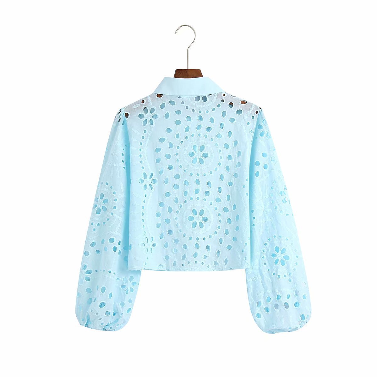 Women's Long-Sleeve Hollow Embroidered Cotton Shirt in Blue & Pink