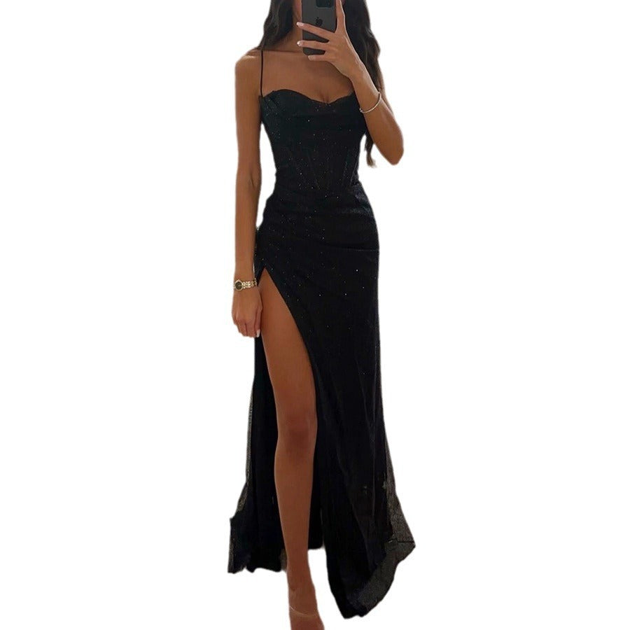 Robe longue d'été sexy à col en V fendue avec bretelles pour femmes