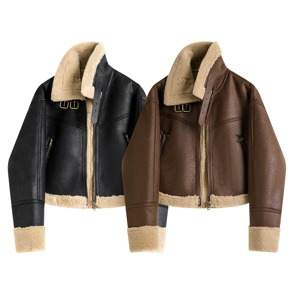 Stand Collar Integrated Lamb Fur Short Coat in Black & Coffee with Zipper Closure
