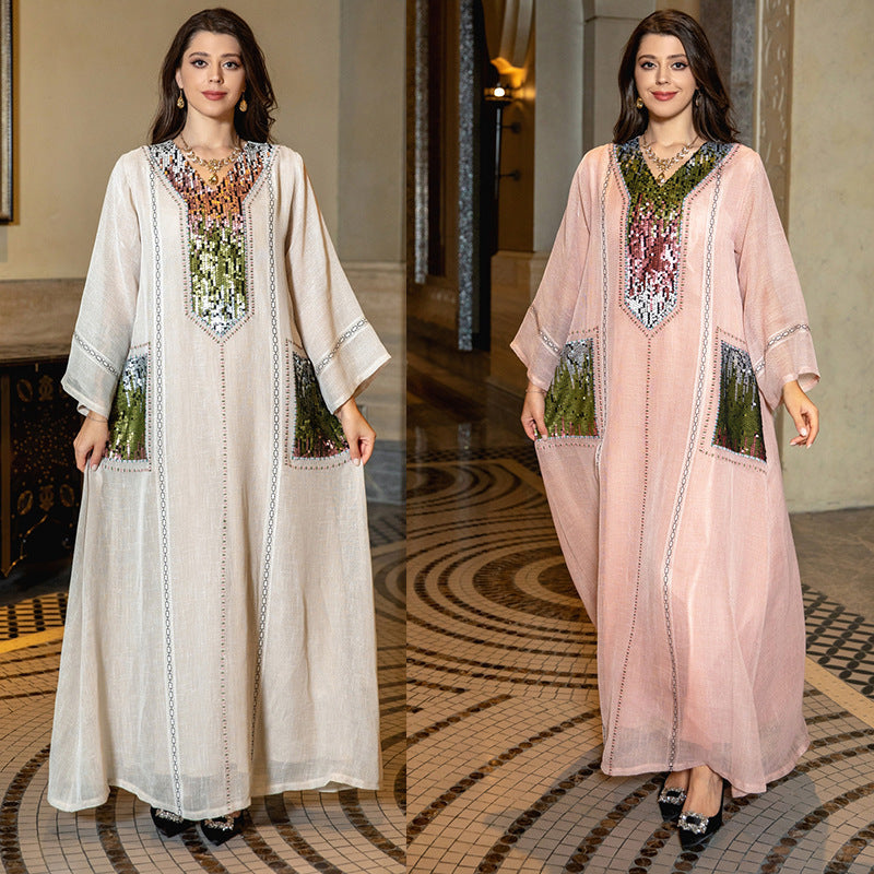V-Neck Embroidered Sequin Arabian Women's Loose Dress