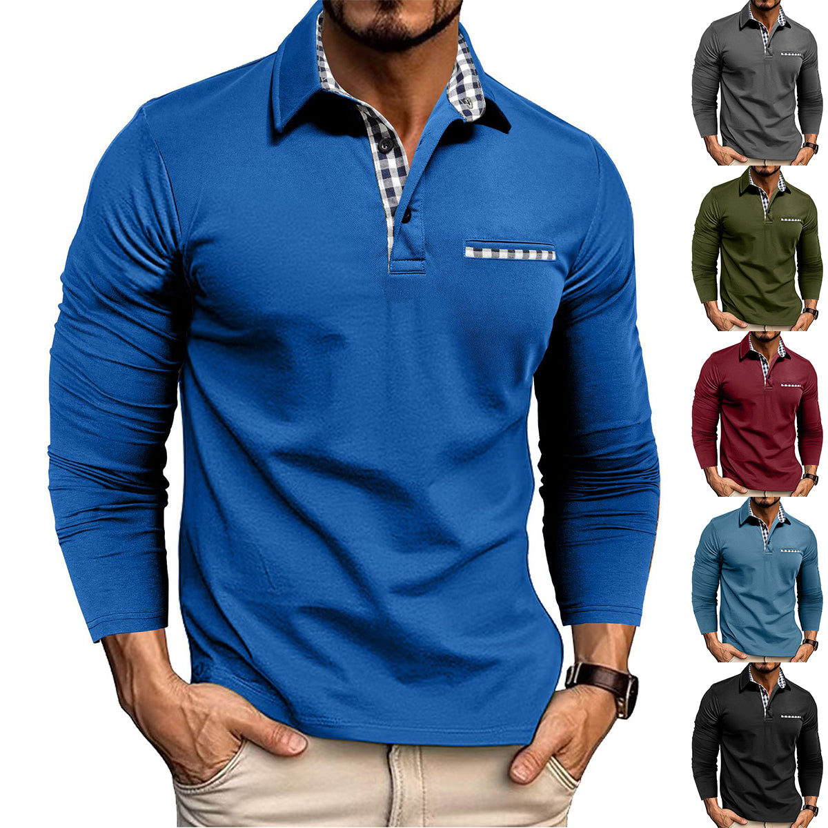 Men's Casual Plaid Splicing Lapel Polo Shirt Long Sleeve Top