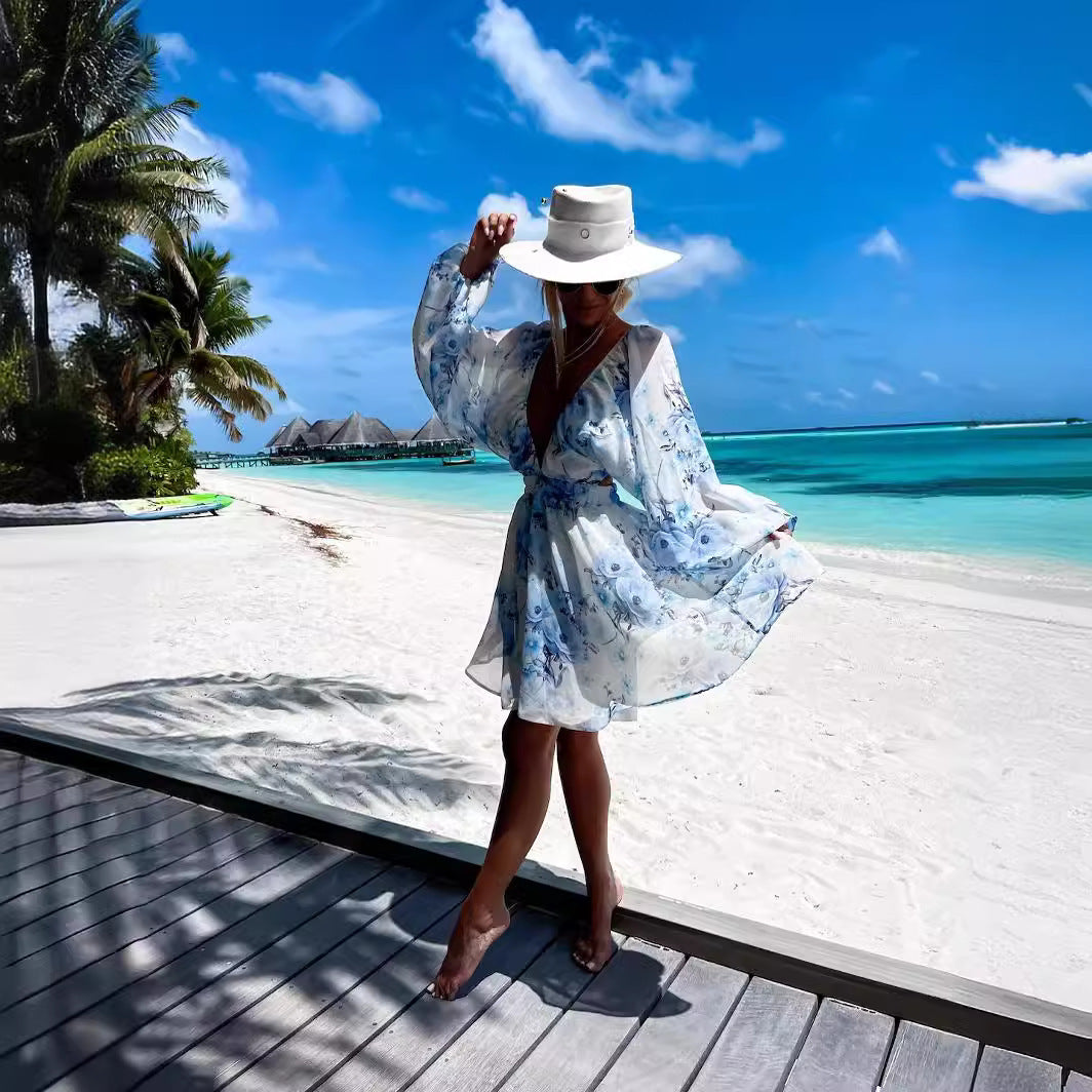 Chiffon Floral Long Sleeve Dress with Stitching Detail
