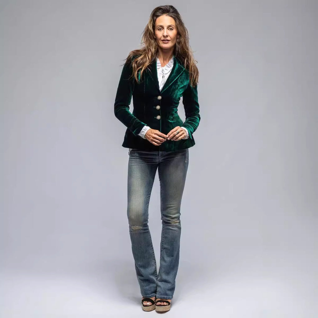 Costume élégant en velours doré pour femme, veste rétro à manches longues avec poches