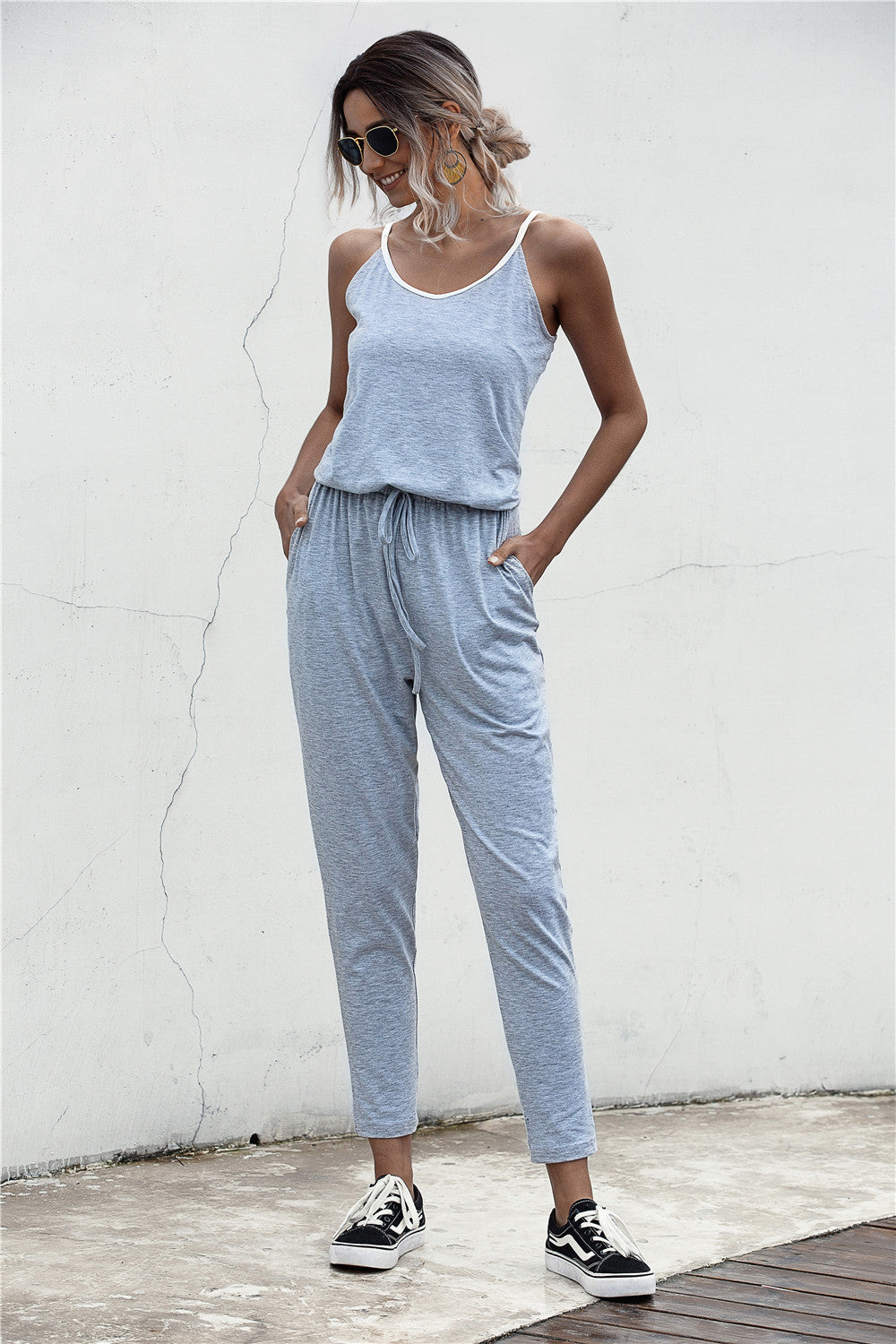 Summer Color Block Suspender Jumpsuit in Gray, Black & Army Green