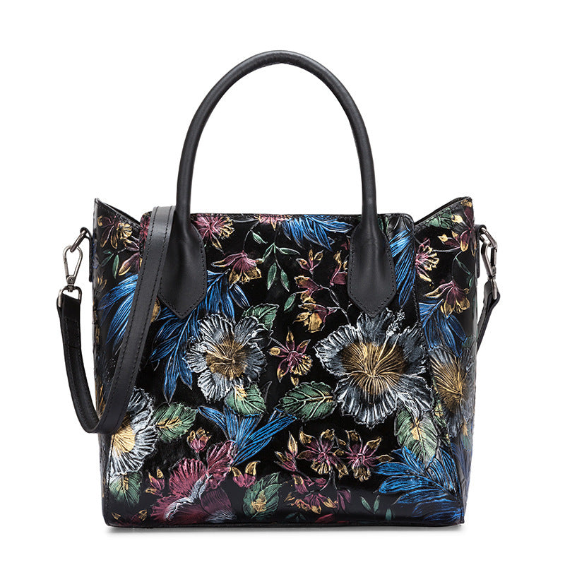 Ethnic Style Women's First Layer Cowhide Floral Messenger Shoulder Bag