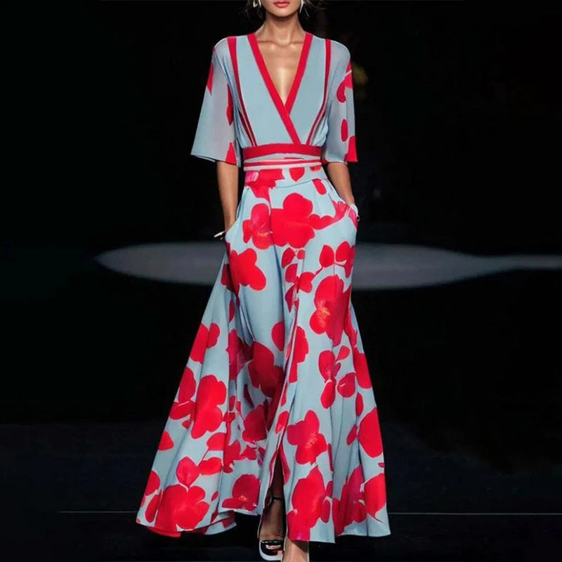 Robe d'été femme à imprimé floral, col en V, manches courtes fendues et coupe trapèze