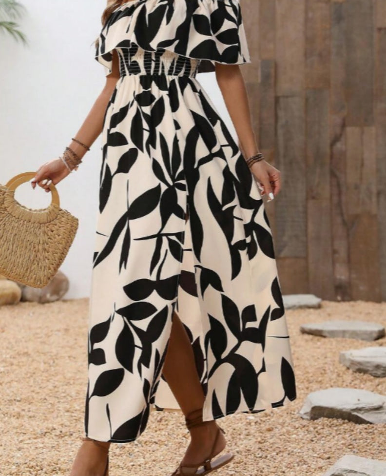 Summer Blue White Botanical Off-Shoulder Split Dress