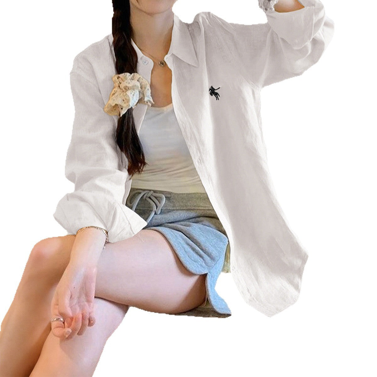 Chemisier décontracté en coton uni à manches longues, disponible en plusieurs coloris
