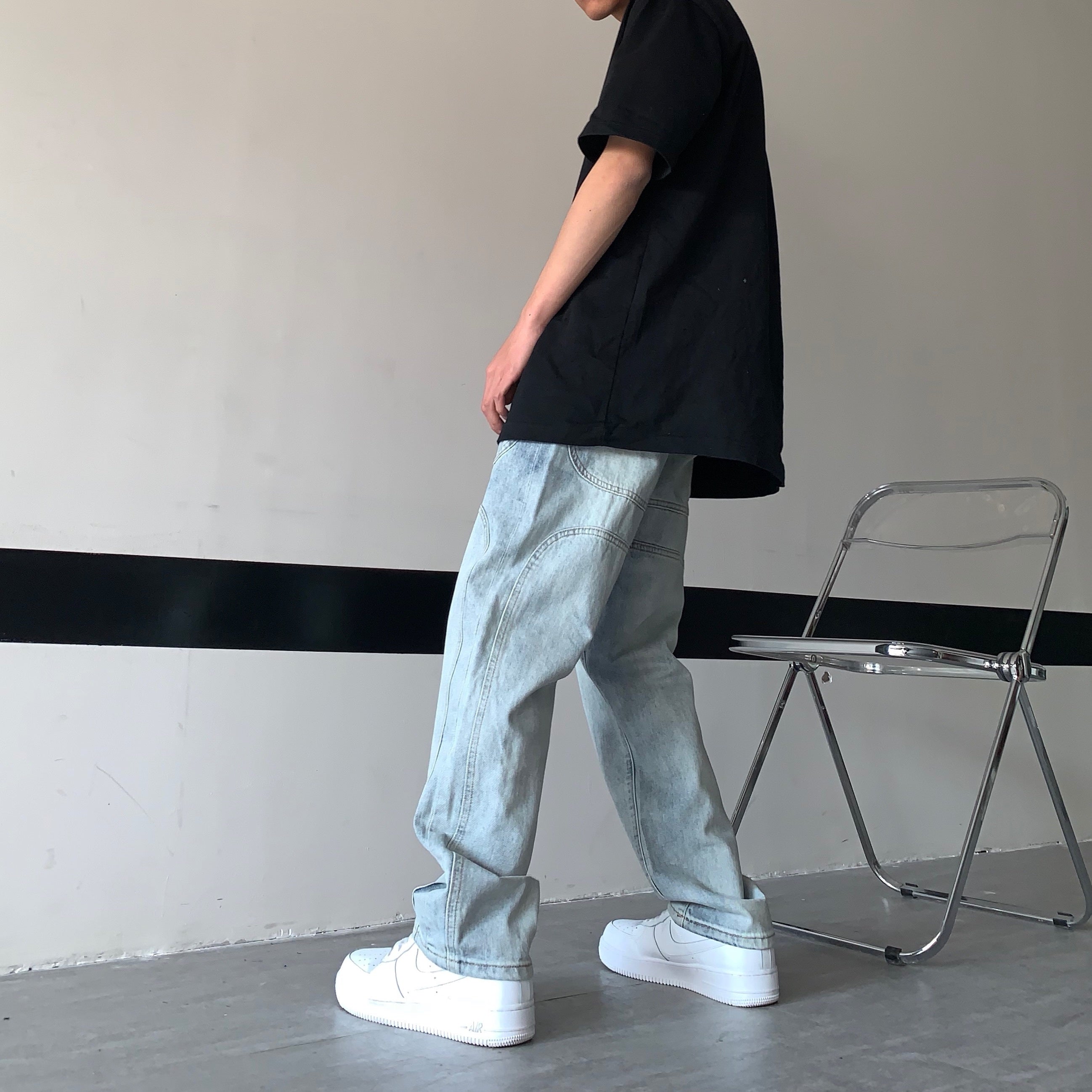 3D Washed Blue Denim High Waist Straight Jeans Trousers
