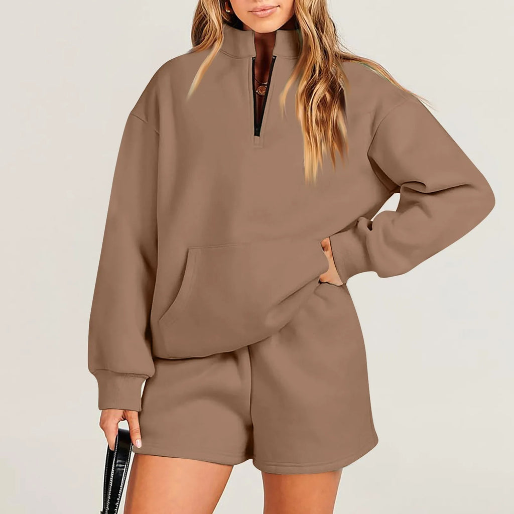 Women's Solid Color Stand Collar Half Zip Pullover & Shorts Set