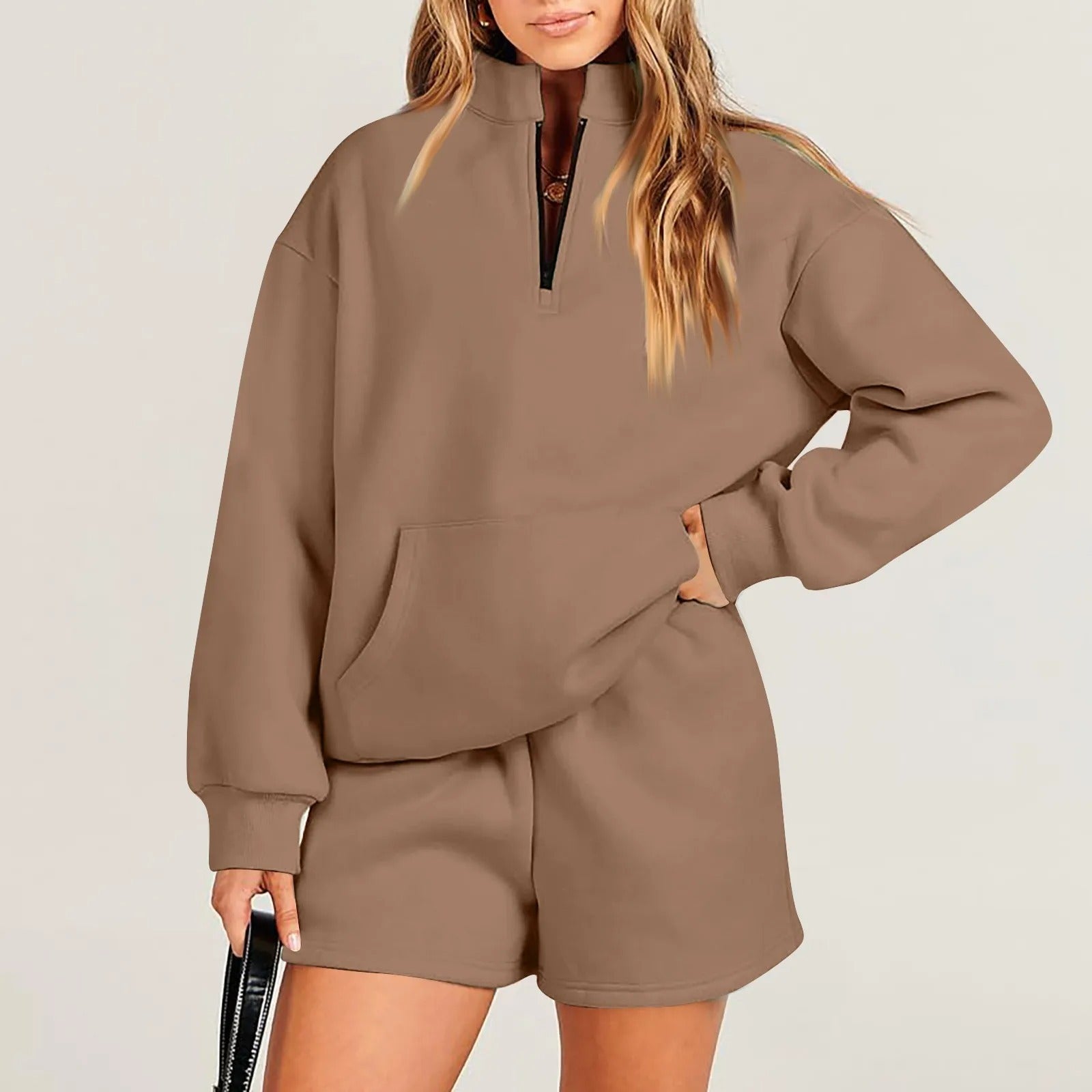 Women's Solid Color Stand Collar Half Zip Pullover & Shorts Set