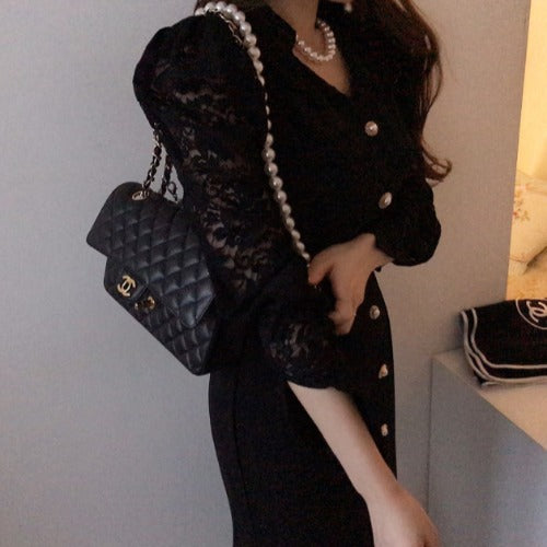 Elegant Chic Lace Stitching Long Sleeve Dress