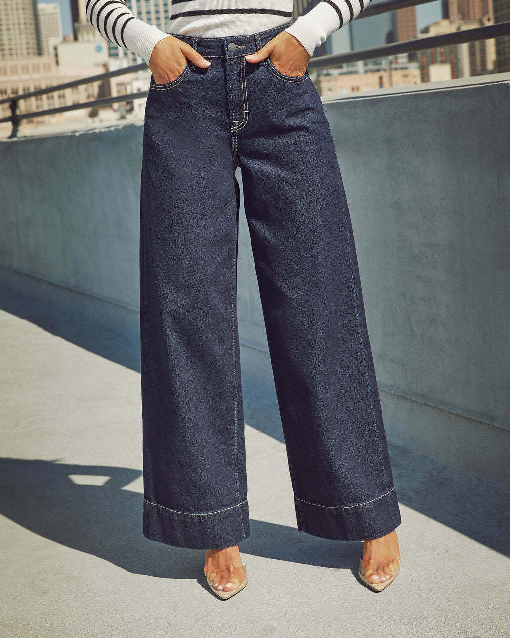 High Waist Dark Blue Wide Leg Jeans for Women