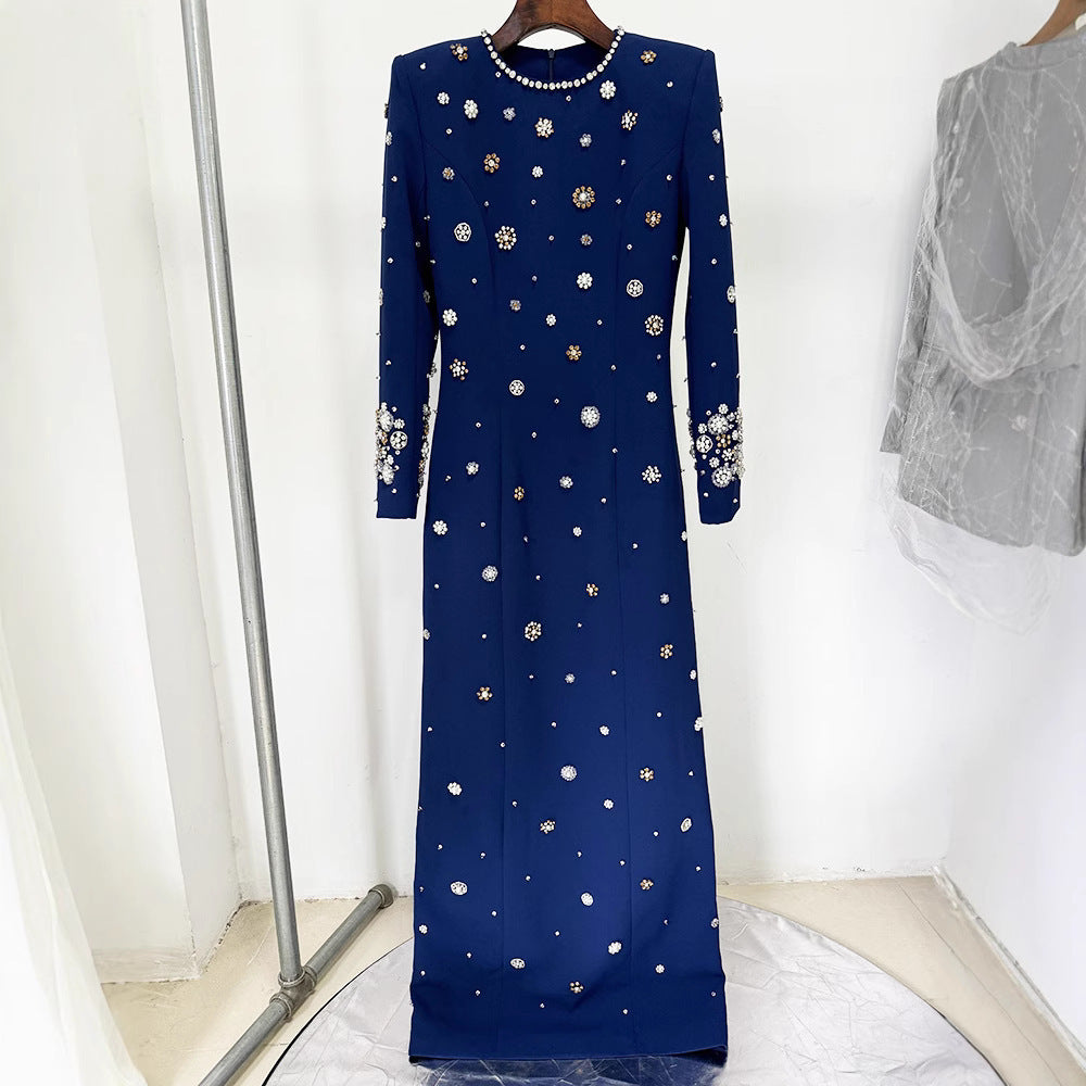 Fashion Temperament Heavy Industry Beads Diamond Slim Long Dress