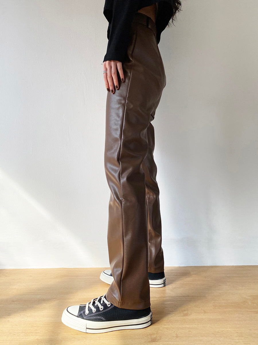 Brown PU Leather High Waist Slim Fit Straight Leg Pants with Cashmere