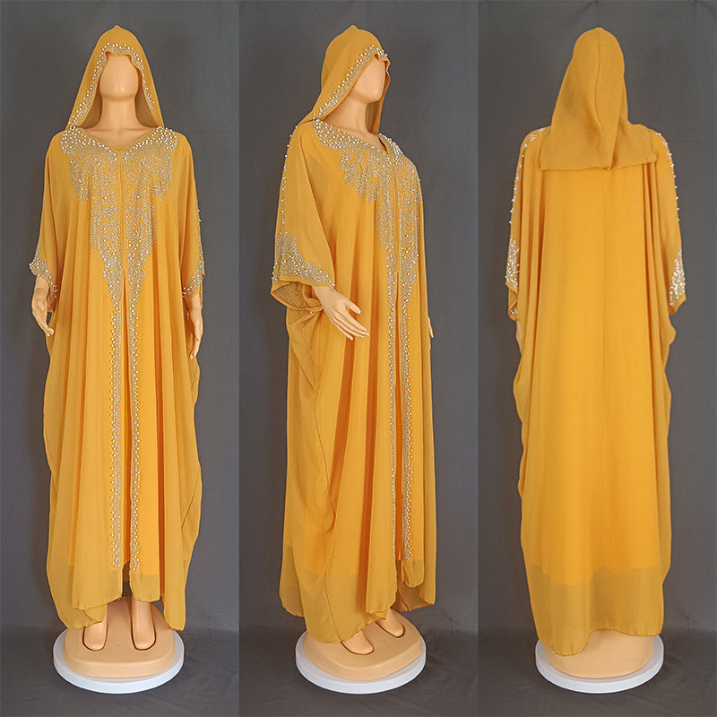 Rhinestone Beaded Muslim Hooded Long Gown Dress