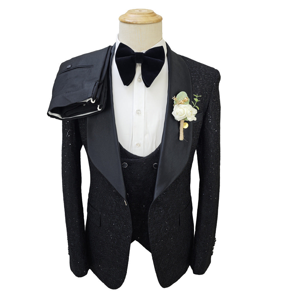 Shiny Black Men's 3-Piece Suit Set Slim Fit Wedding Groomsmen