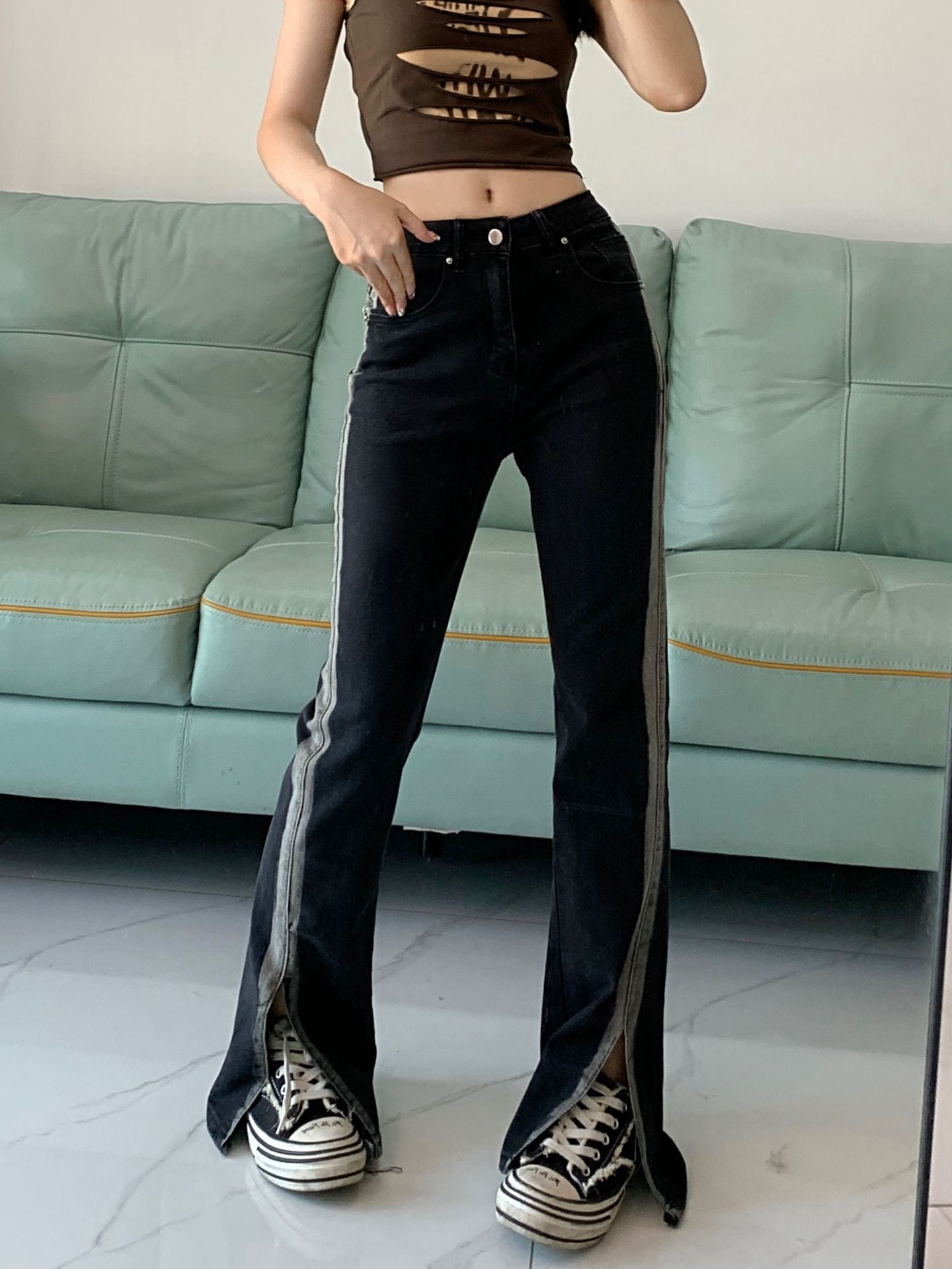 Women's High Waist Black Slit Stretch Jeans