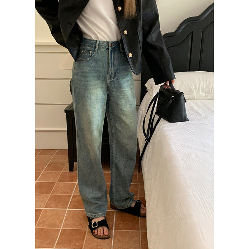 High Waist Blue Slimming Straight Leg Pants for Women