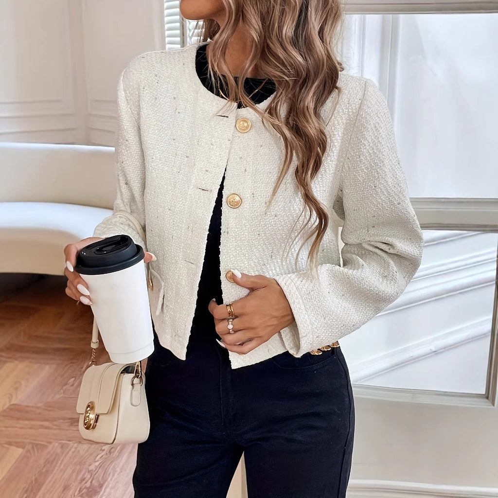 Milky White O-Neck Slim Wool Coat for Women