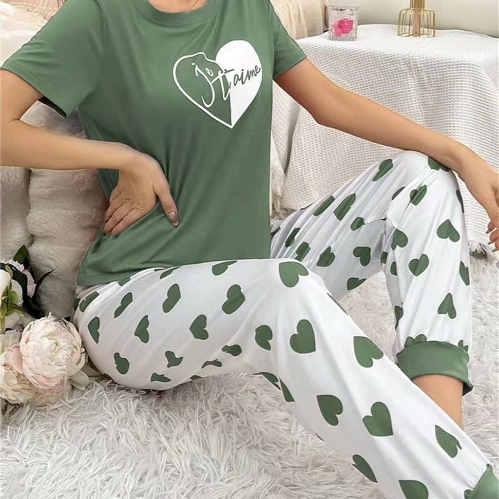 Casual Comfortable Pajama Set with Full-Length Pants in Red & Green, Sizes S-XL