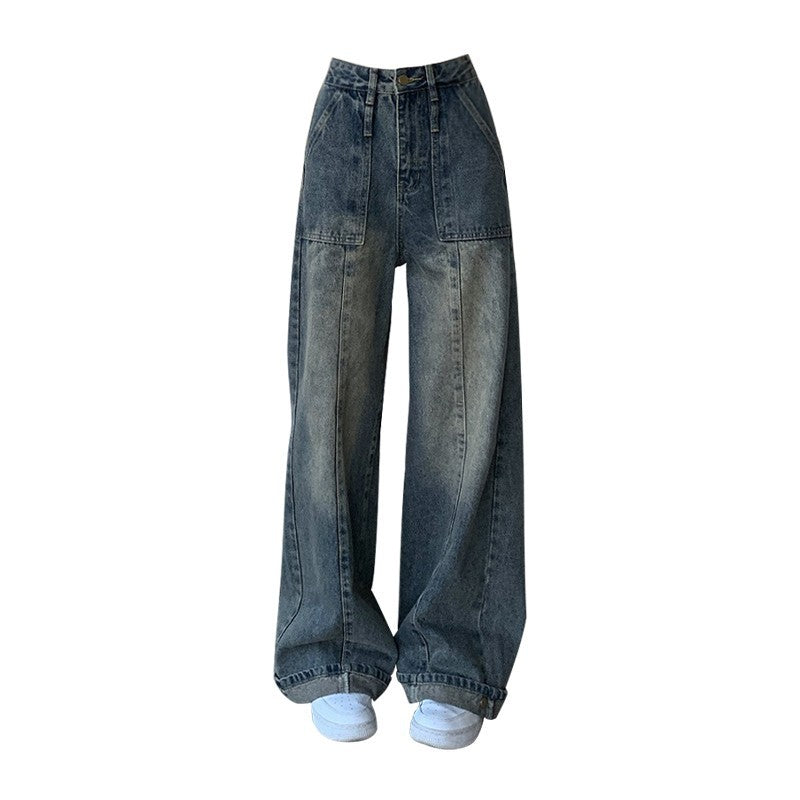 Vintage Thin Gradient High Waist Wide-Leg Straight Denim Jeans for Women