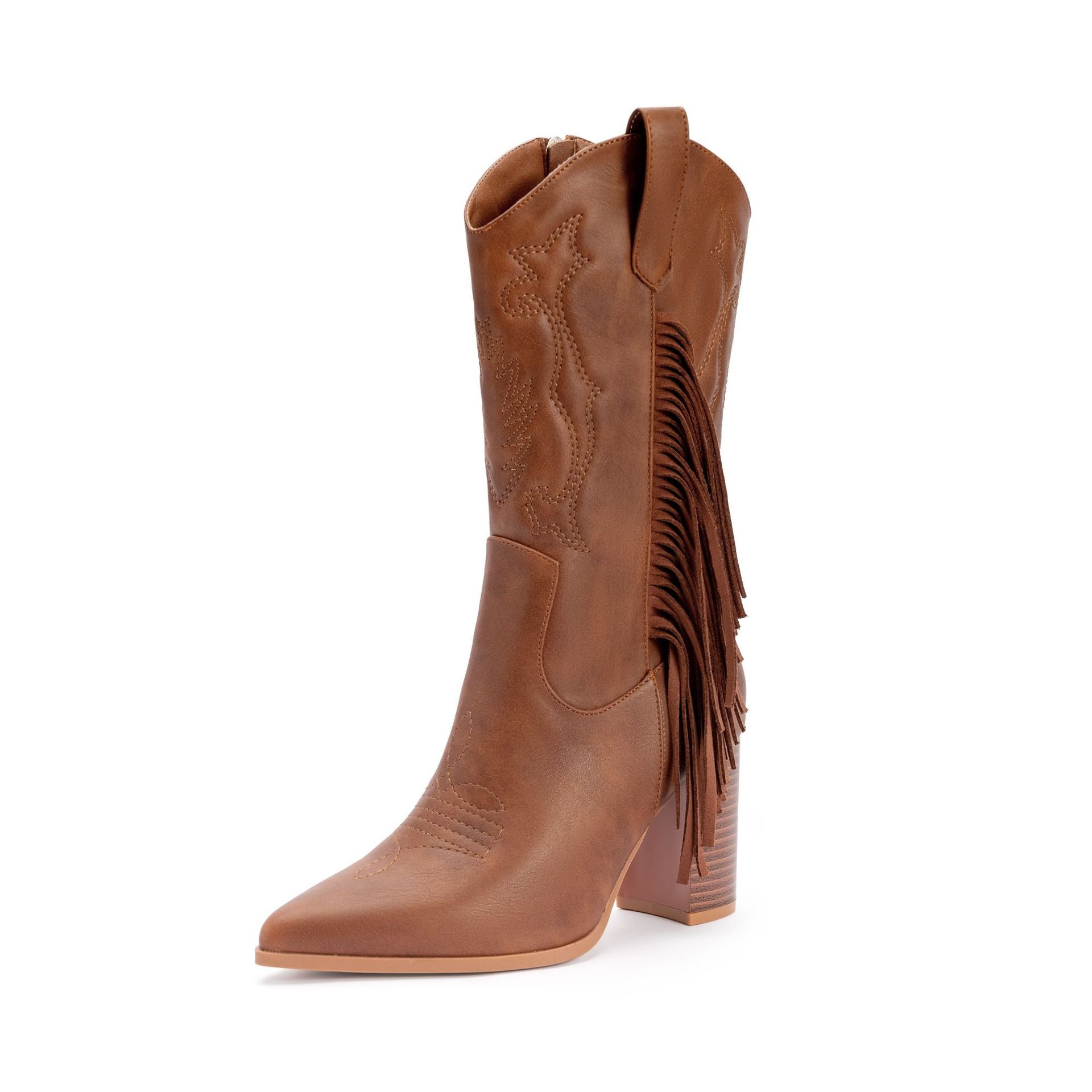 Bottes de cowboy western blanches brodées à pampilles, talon épais mi-mollet