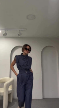 Shoulder and Waist Slimming Blouse with Belt and Pants Set