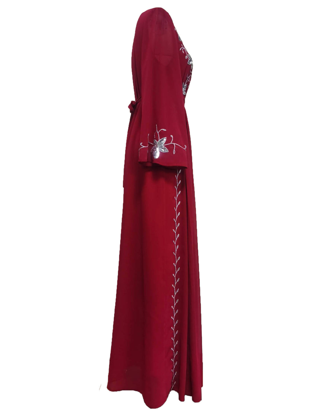Robe de soirée élégante à broderies et appliqués avec ceinture, manches longues, jupe longue