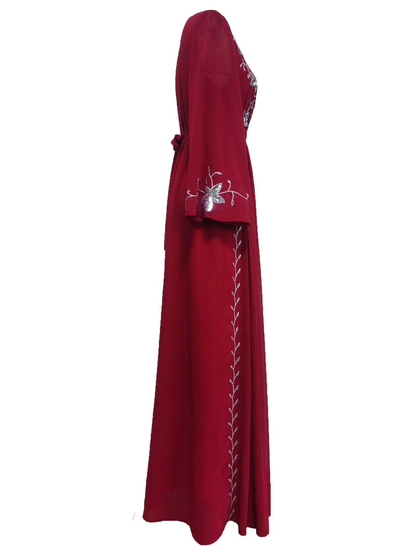 Robe de soirée élégante à broderies et appliqués avec ceinture, manches longues, jupe longue