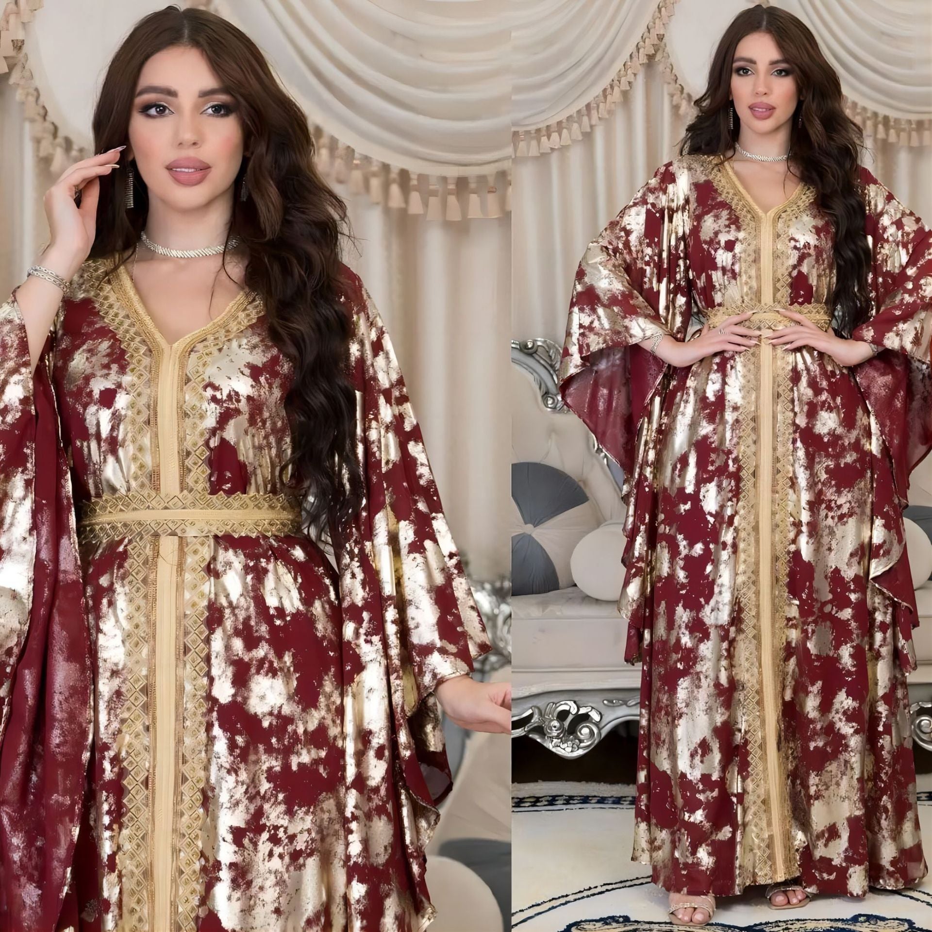 Muslim Chiffon Bronzing Long Sleeve Robe with Belt Dress