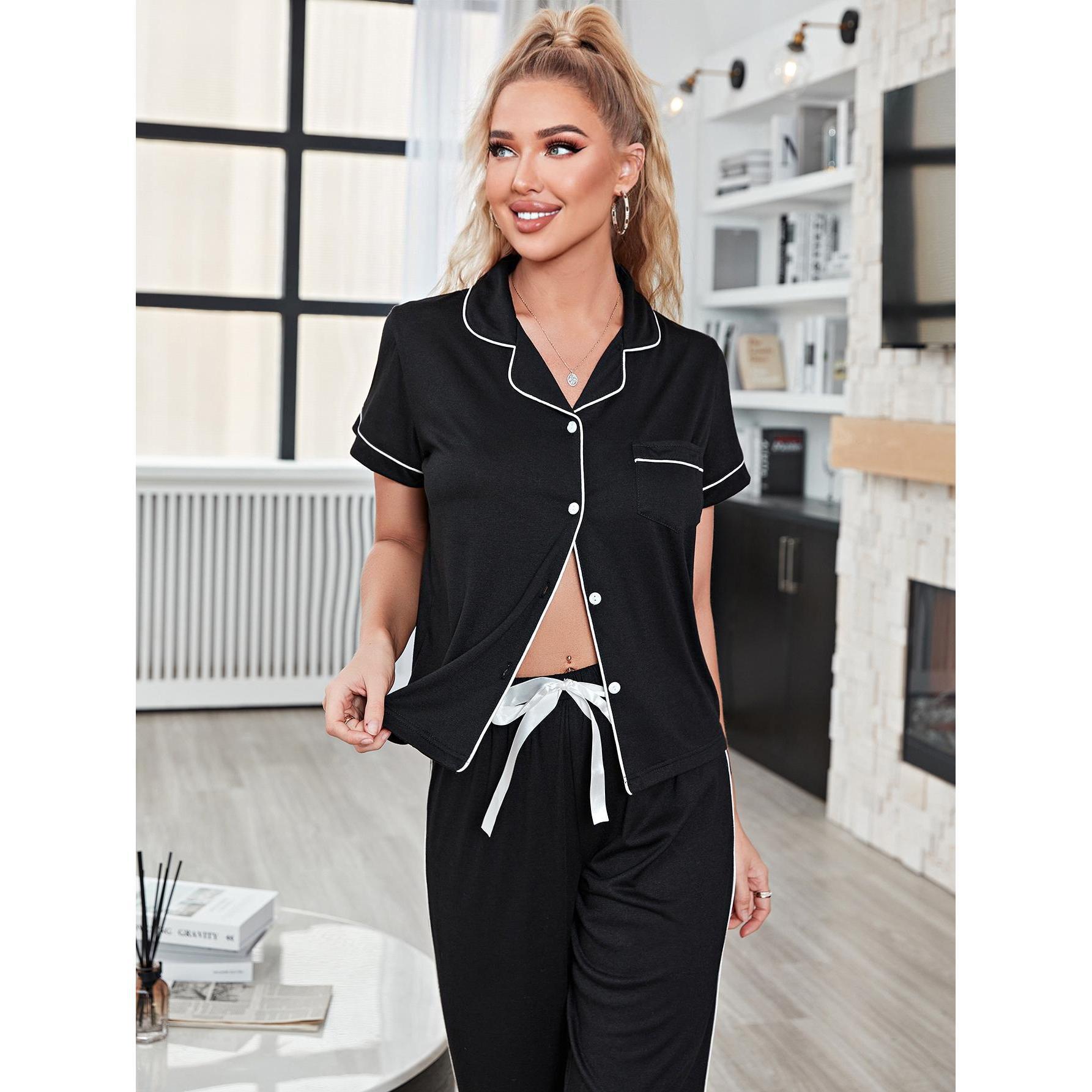 Women's Autumn Cardigan Pajama Set Short Sleeve Top & Long Pants