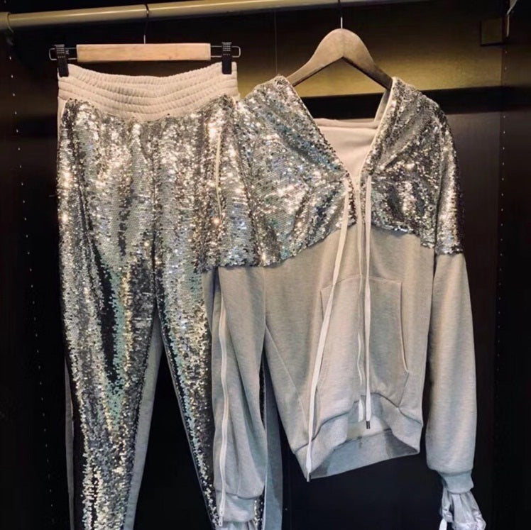 Ensemble pull à capuche gris et pantalon décontracté amincissant en fibre de polyester pour femme