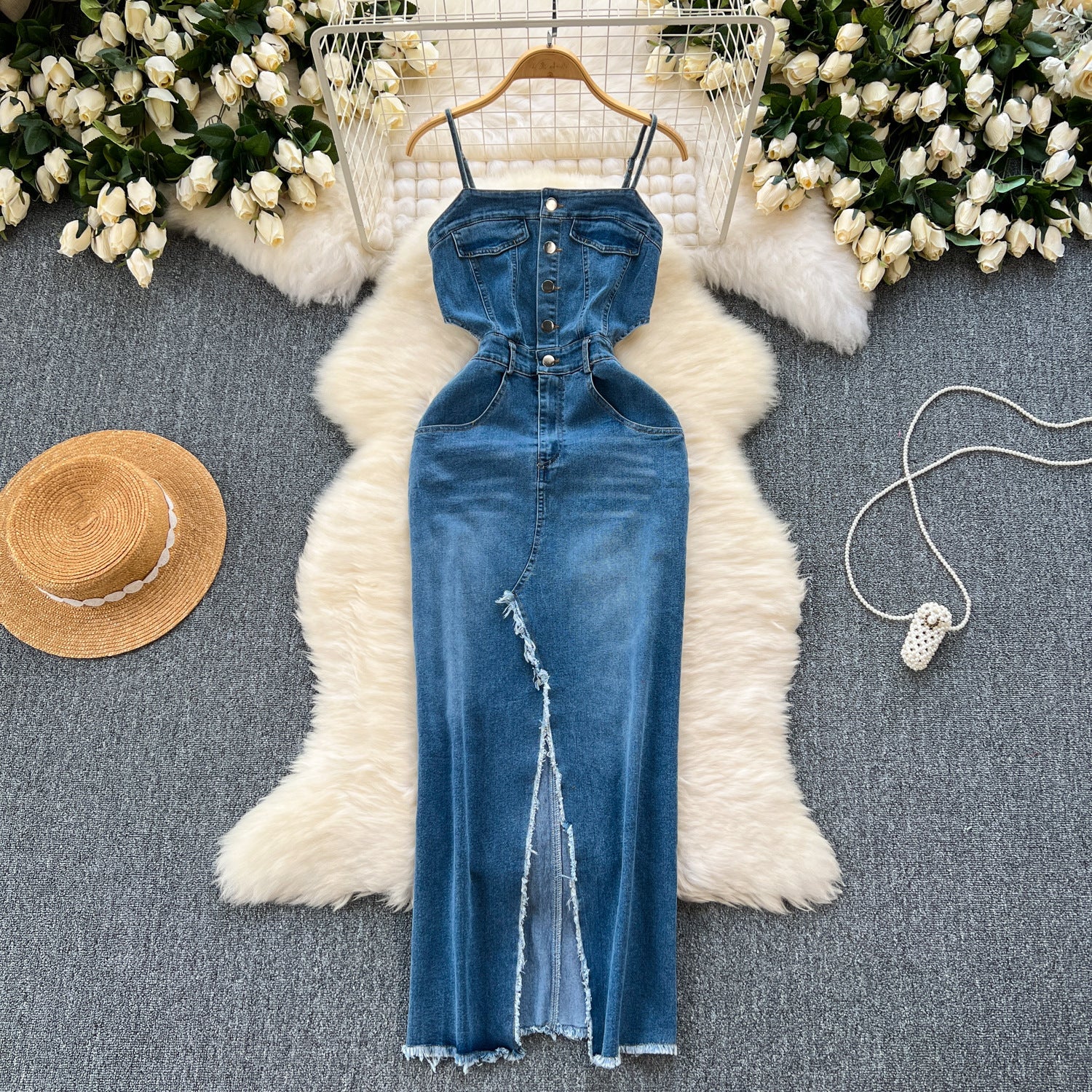 Chic Blue Denim Mid Skirt with Frayed Hem and Split