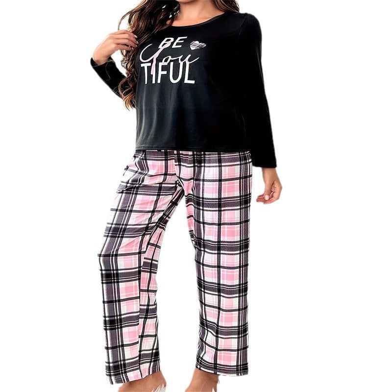 Ensemble Pyjama Femme Noir Lettre Vêtements d'Intérieur Haut Manches Longues & Pantalon