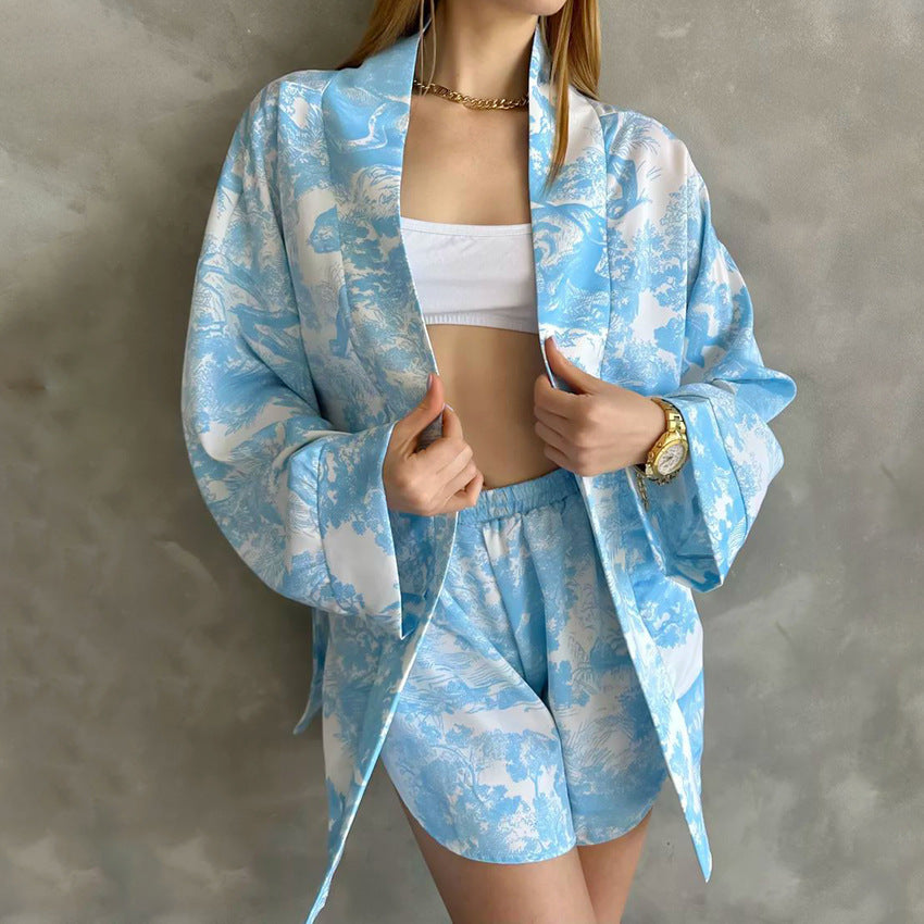 Ensemble de pyjama court en coton bleu confortable à manches longues