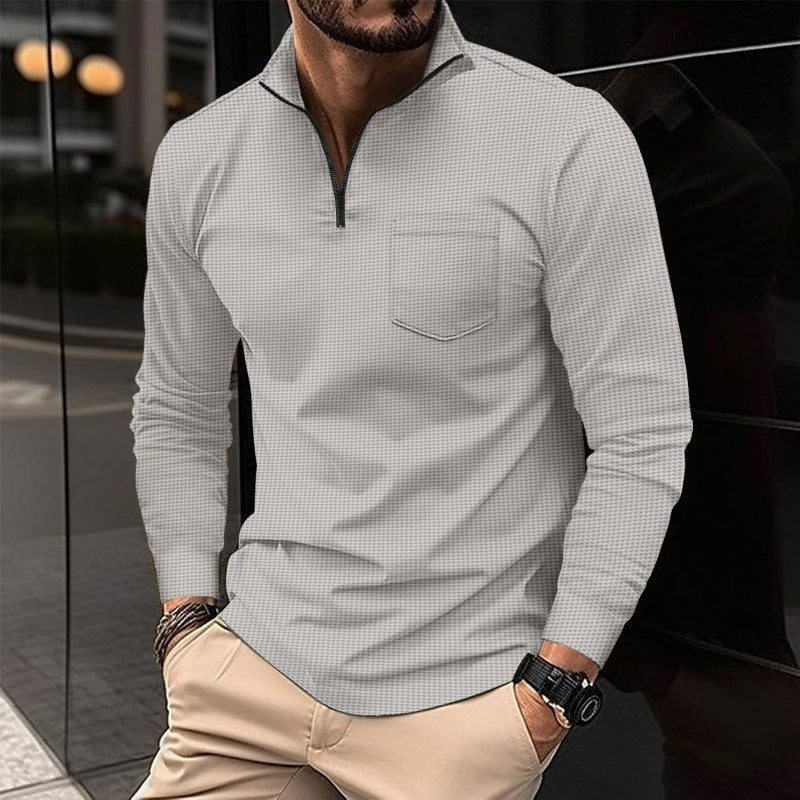 Men's Long Sleeve Waffle Sports Polo Shirt with Zipper Pocket