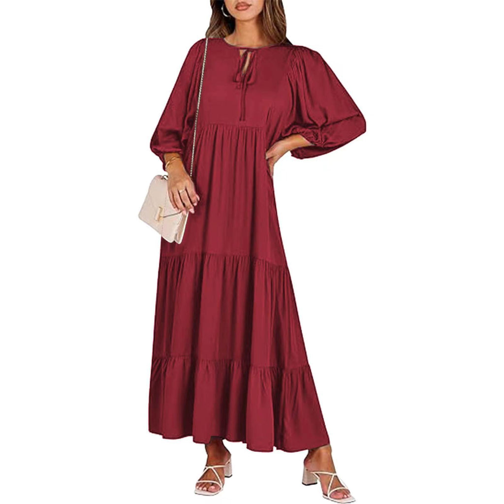 Summer Women's Vintage Bohemian Printed V-Neck Loose Long Dress Polyester