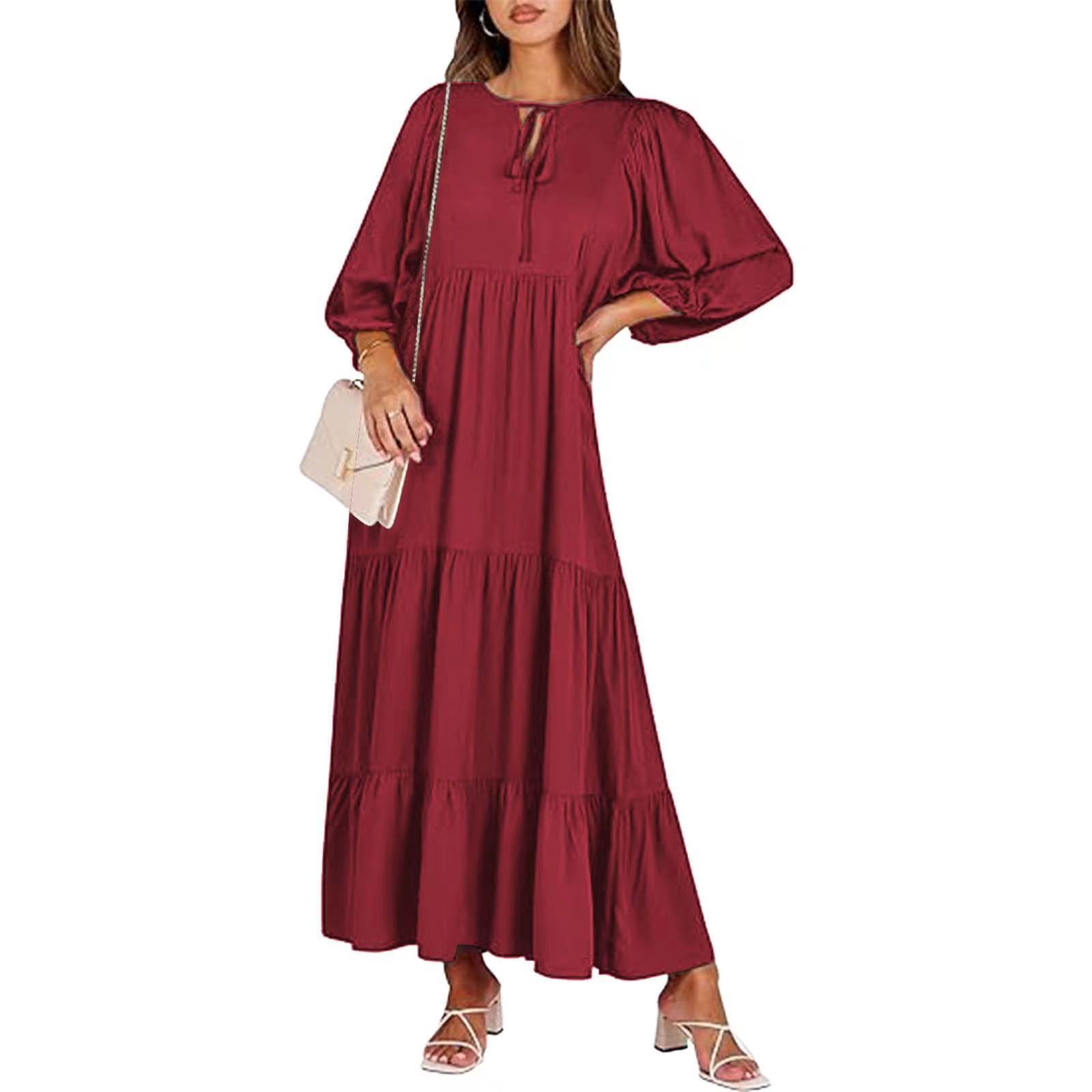 Summer Women's Vintage Bohemian Printed V-Neck Loose Long Dress Polyester