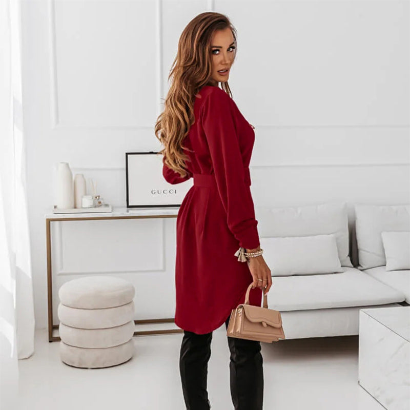 Elegant Long-Sleeve Polyester Shirt Dress with Belt and Buttons for Women
